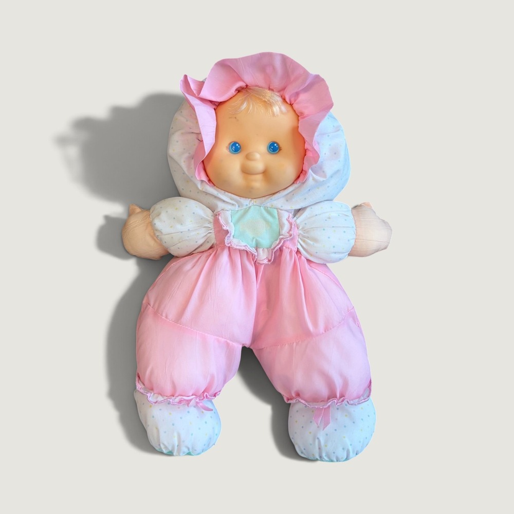 Fisher Price Puffalump Kids Baby Doll Pink Polka Dots Green Bib Blonde 1990s